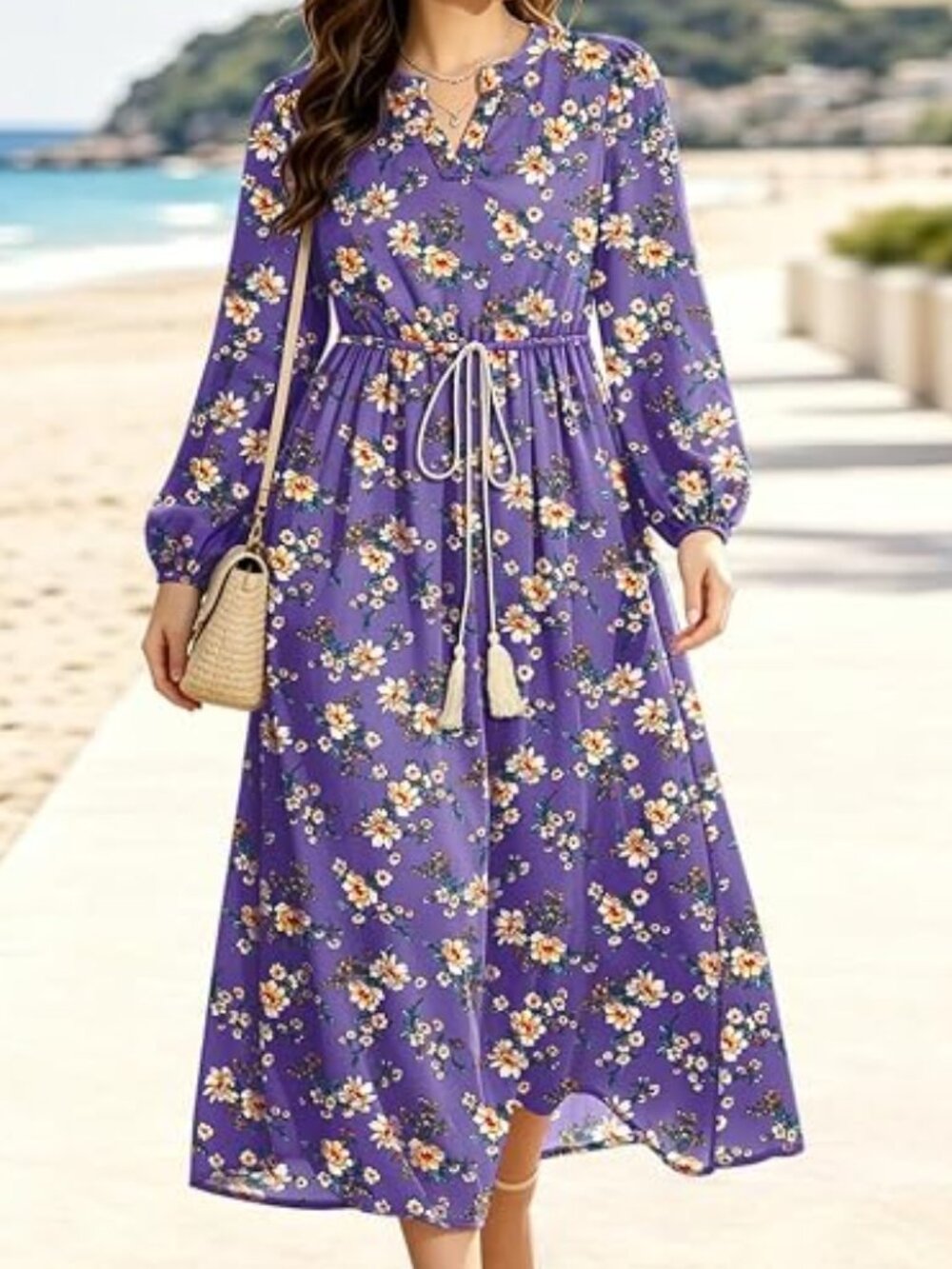 Boho Maxi Dress Cotton Casual Dresses Fall Long Sleeve Floral Print - NWOT - S